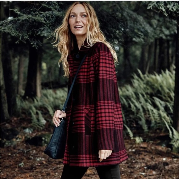 J. Jill Buffalo Plaid Black & Red Pea Coat Women’s Large - Picture 2 of 11
